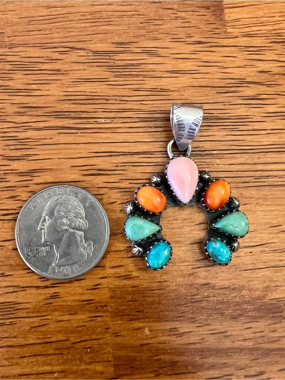 Sterling Silver Multi Stone Naja Pendant Kingman Turquoise Pink Conch Spiny - Picture 10 of 12